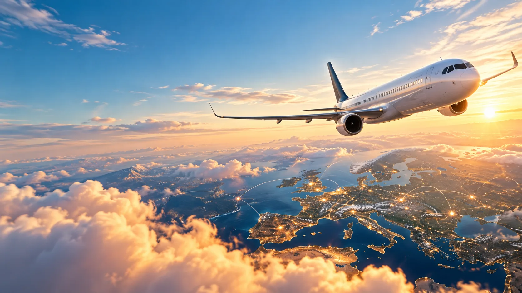 Passagierflugzeug über Europa im goldenen Abendlicht