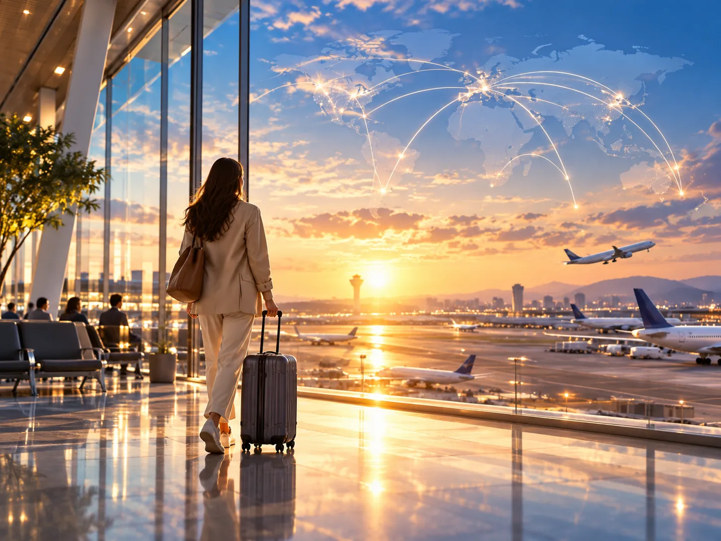 Flughafen und leuchtende internationale Flugrouten bei Sonnenuntergang